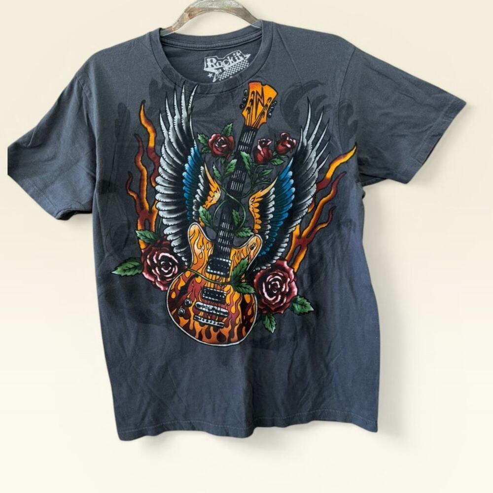 Rockit Mens Medium Grunge Y2K Style Tee Short Sleeve T-Shirt Skull Roses Guitar